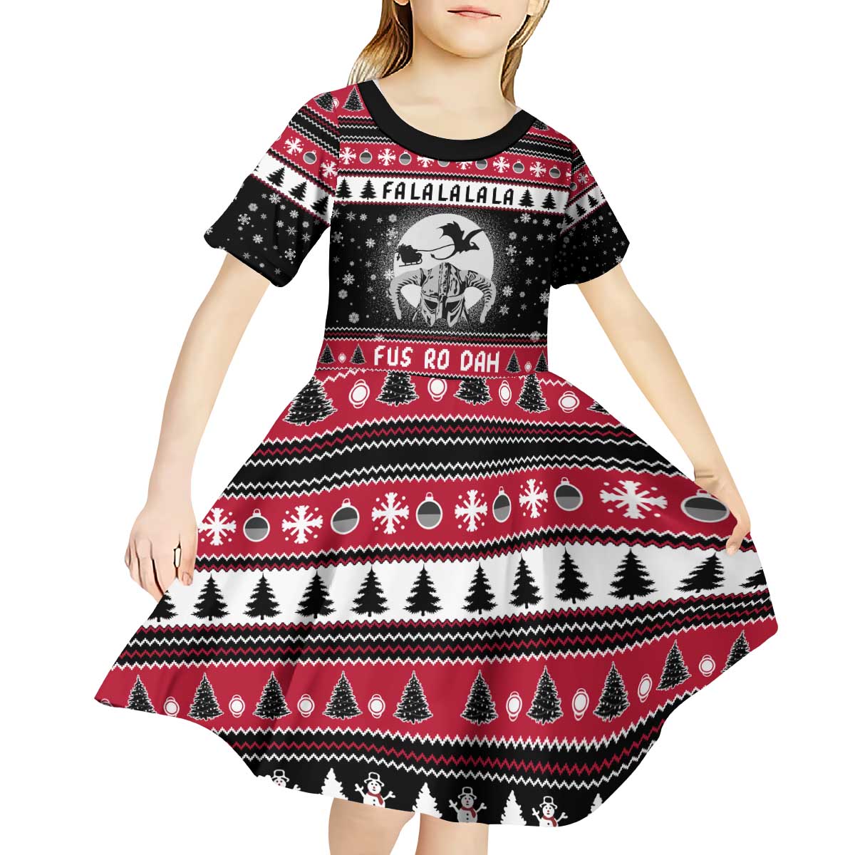 Fa La La La Snowman Tree Xmas Christmas Kid Short Sleeve Dress Xmas Holiday Patterns - Wonder Print Shop