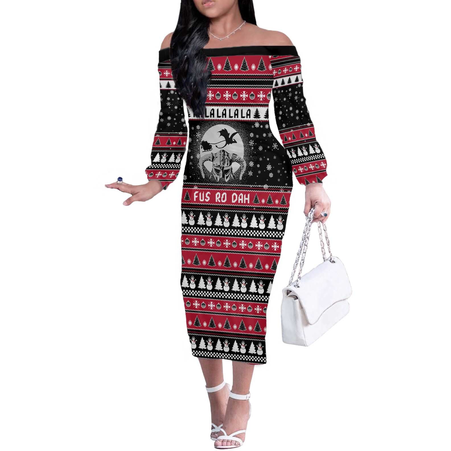 Fa La La La Snowman Tree Xmas Christmas Off The Shoulder Long Sleeve Dress Xmas Holiday Patterns - Wonder Print Shop