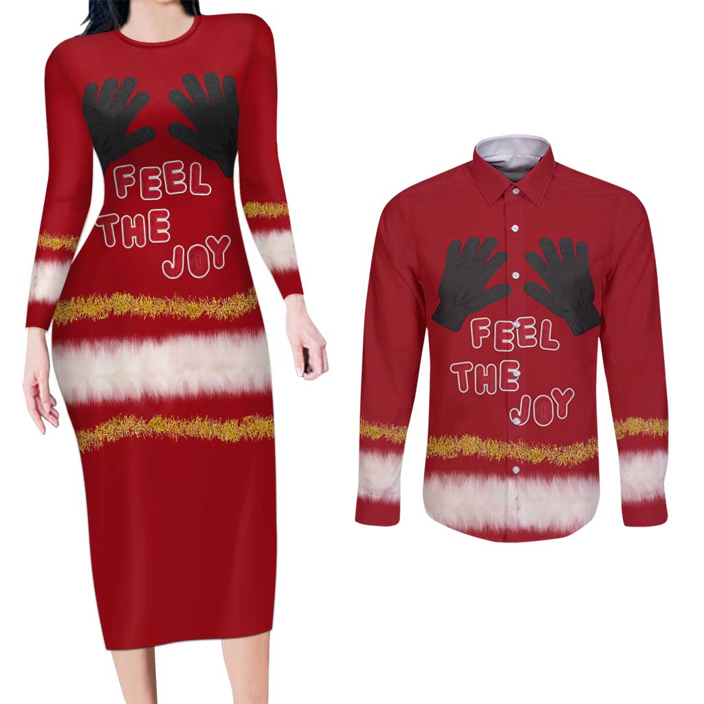 Feel The Joy Christmas Couples Matching Long Sleeve Bodycon Dress and Long Sleeve Button Shirt Xmas Holiday Patterns - Wonder Print Shop
