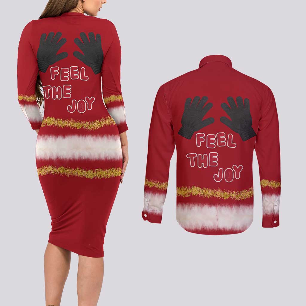 Feel The Joy Christmas Couples Matching Long Sleeve Bodycon Dress and Long Sleeve Button Shirt Xmas Holiday Patterns - Wonder Print Shop