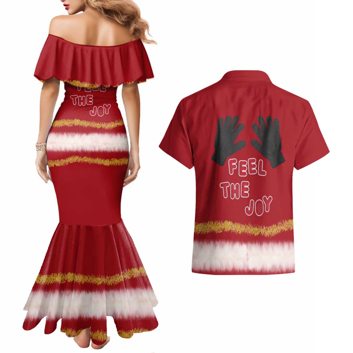 Feel The Joy Christmas Couples Matching Mermaid Dress and Hawaiian Shirt Xmas Holiday Patterns - Wonder Print Shop
