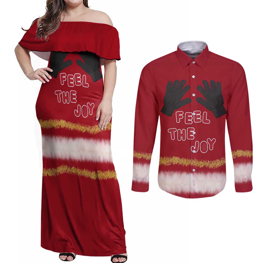 Feel The Joy Christmas Couples Matching Off Shoulder Maxi Dress and Long Sleeve Button Shirt Xmas Holiday Patterns - Wonder Print Shop