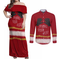 Feel The Joy Christmas Couples Matching Off Shoulder Maxi Dress and Long Sleeve Button Shirt Xmas Holiday Patterns - Wonder Print Shop