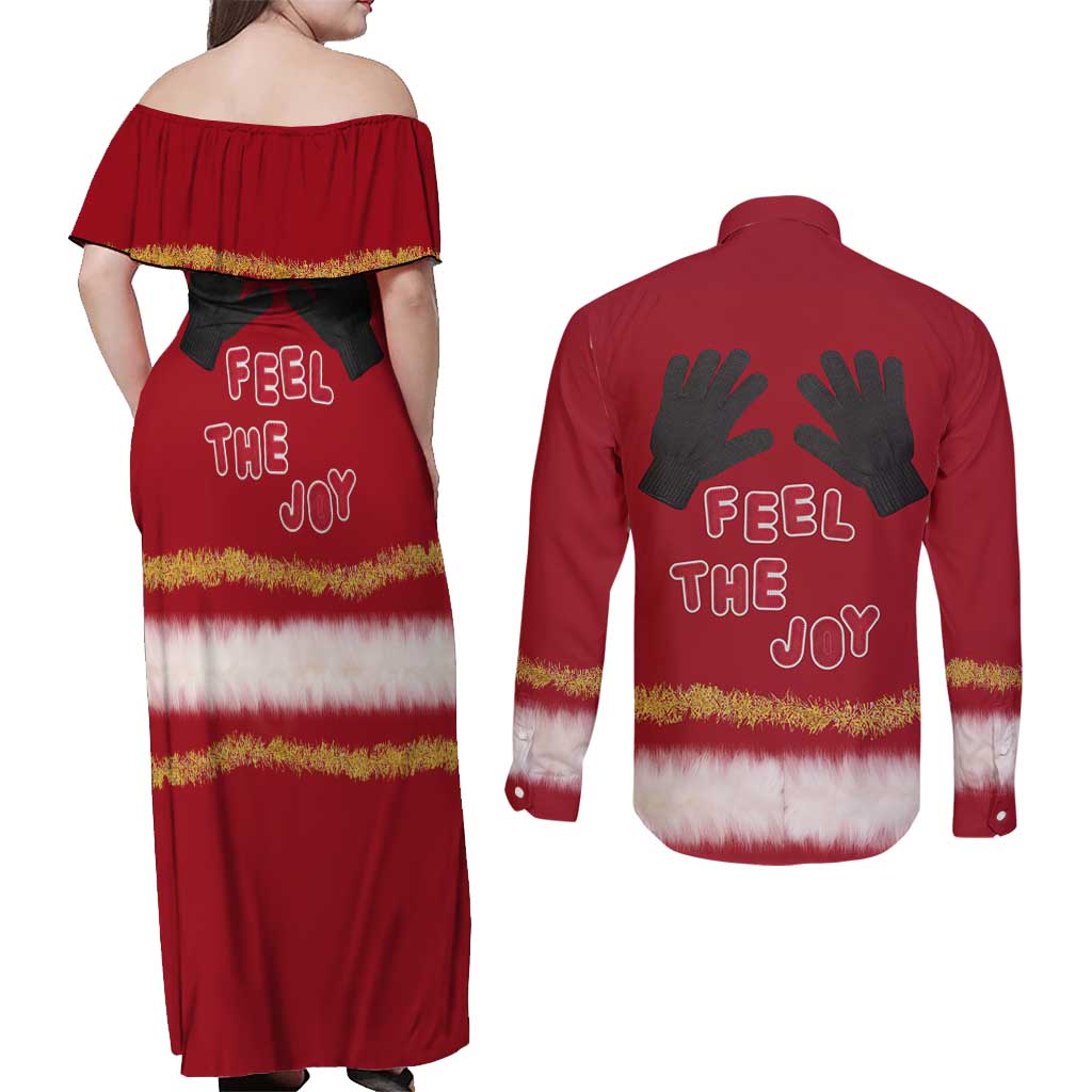 Feel The Joy Christmas Couples Matching Off Shoulder Maxi Dress and Long Sleeve Button Shirt Xmas Holiday Patterns - Wonder Print Shop