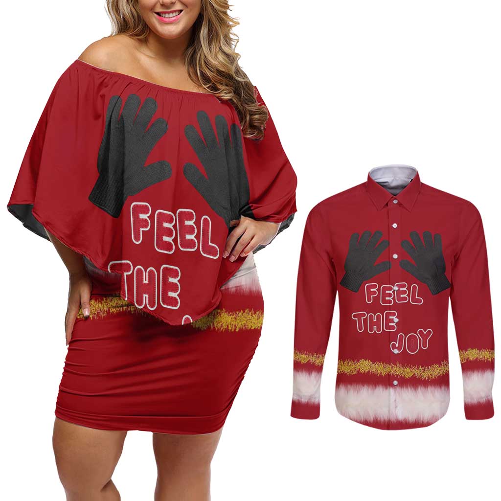 Feel The Joy Christmas Couples Matching Off Shoulder Short Dress and Long Sleeve Button Shirt Xmas Holiday Patterns - Wonder Print Shop