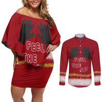 Feel The Joy Christmas Couples Matching Off Shoulder Short Dress and Long Sleeve Button Shirt Xmas Holiday Patterns - Wonder Print Shop