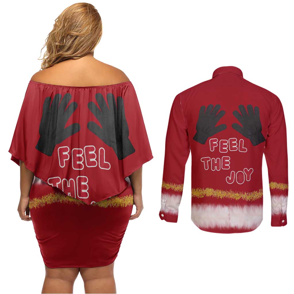 Feel The Joy Christmas Couples Matching Off Shoulder Short Dress and Long Sleeve Button Shirt Xmas Holiday Patterns - Wonder Print Shop