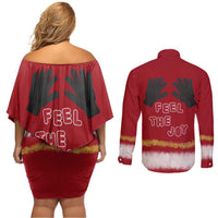 Feel The Joy Christmas Couples Matching Off Shoulder Short Dress and Long Sleeve Button Shirt Xmas Holiday Patterns - Wonder Print Shop