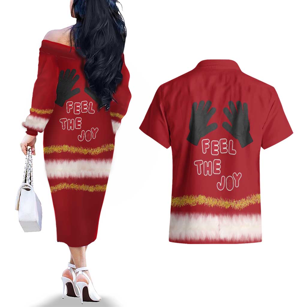 Feel The Joy Christmas Couples Matching Off The Shoulder Long Sleeve Dress and Hawaiian Shirt Xmas Holiday Patterns - Wonder Print Shop