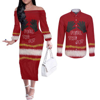 Feel The Joy Christmas Couples Matching Off The Shoulder Long Sleeve Dress and Long Sleeve Button Shirt Xmas Holiday Patterns - Wonder Print Shop