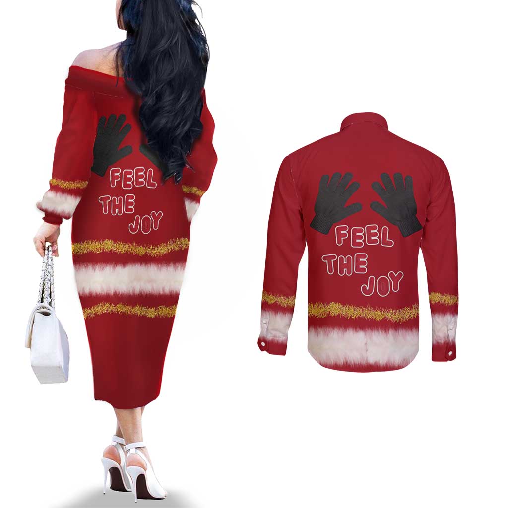 Feel The Joy Christmas Couples Matching Off The Shoulder Long Sleeve Dress and Long Sleeve Button Shirt Xmas Holiday Patterns - Wonder Print Shop