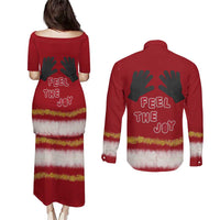 Feel The Joy Christmas Couples Matching Puletasi and Long Sleeve Button Shirt Xmas Holiday Patterns - Wonder Print Shop
