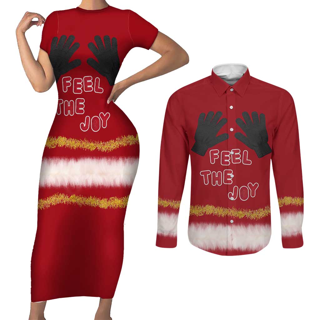 Feel The Joy Christmas Couples Matching Short Sleeve Bodycon Dress and Long Sleeve Button Shirt Xmas Holiday Patterns - Wonder Print Shop