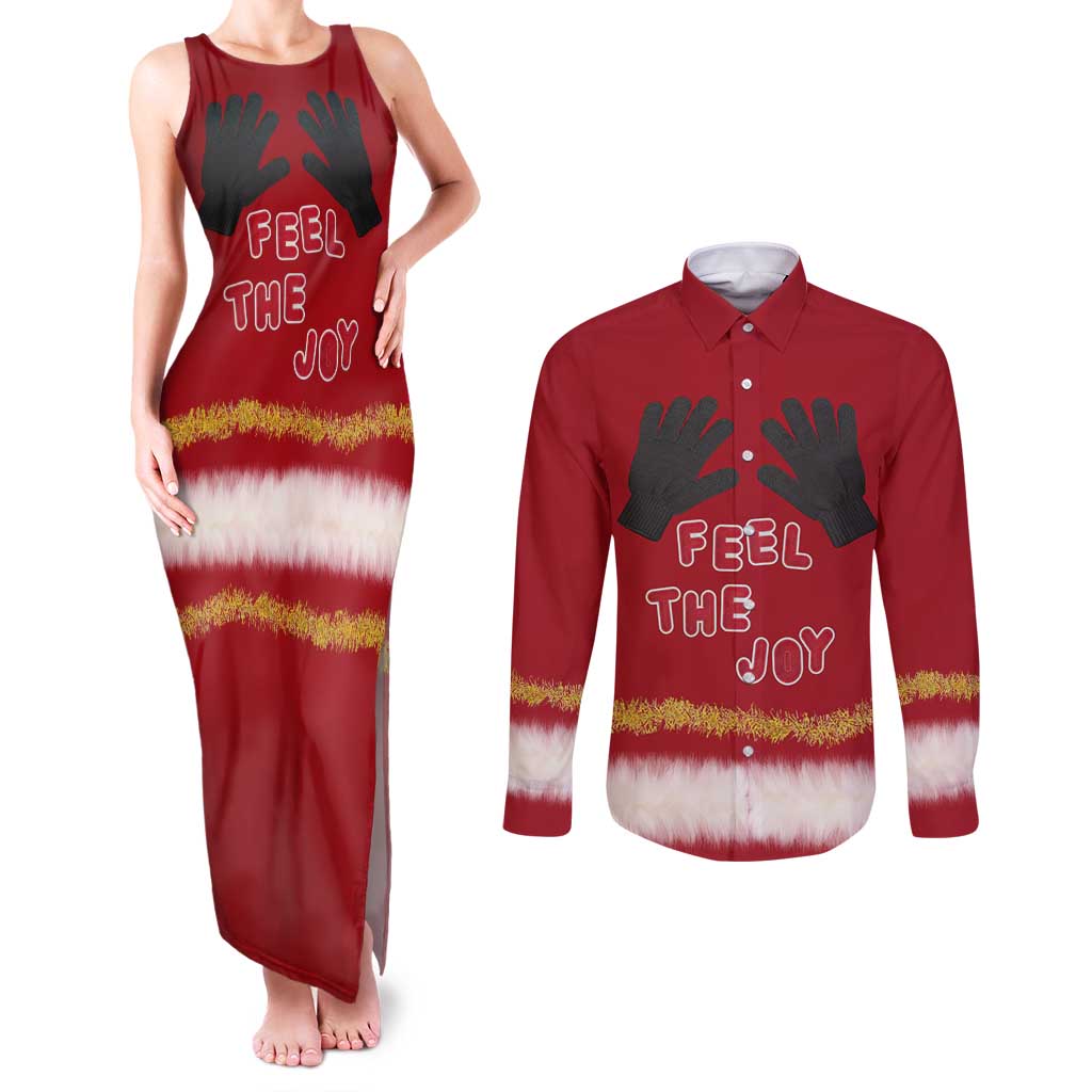 Feel The Joy Christmas Couples Matching Tank Maxi Dress and Long Sleeve Button Shirt Xmas Holiday Patterns - Wonder Print Shop