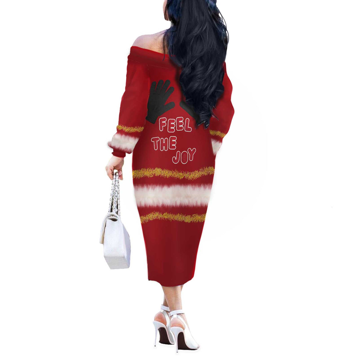 Feel The Joy Christmas Off The Shoulder Long Sleeve Dress Xmas Holiday Patterns - Wonder Print Shop