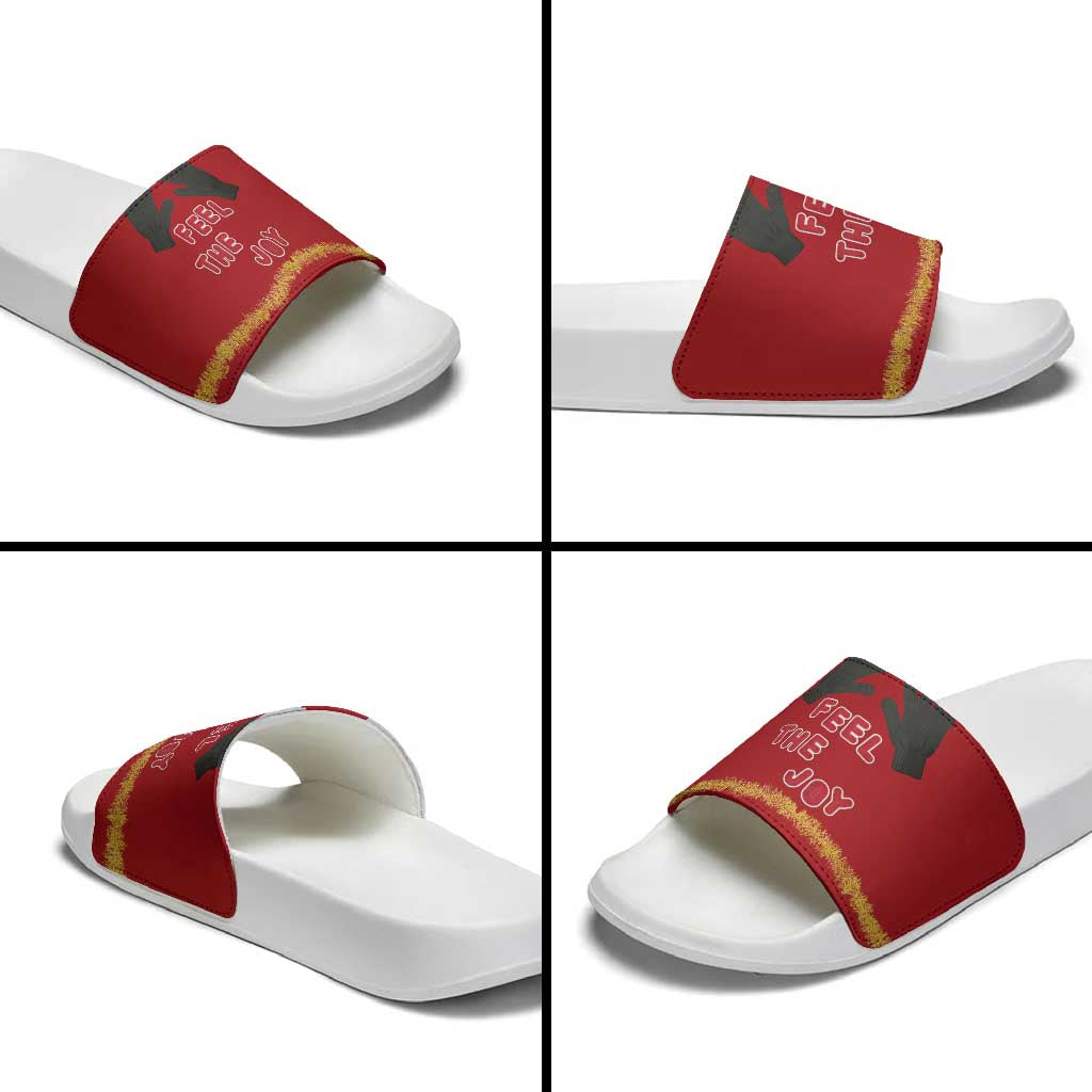 Feel The Joy Christmas Slide Sandals Xmas Holiday Patterns - Wonder Print Shop
