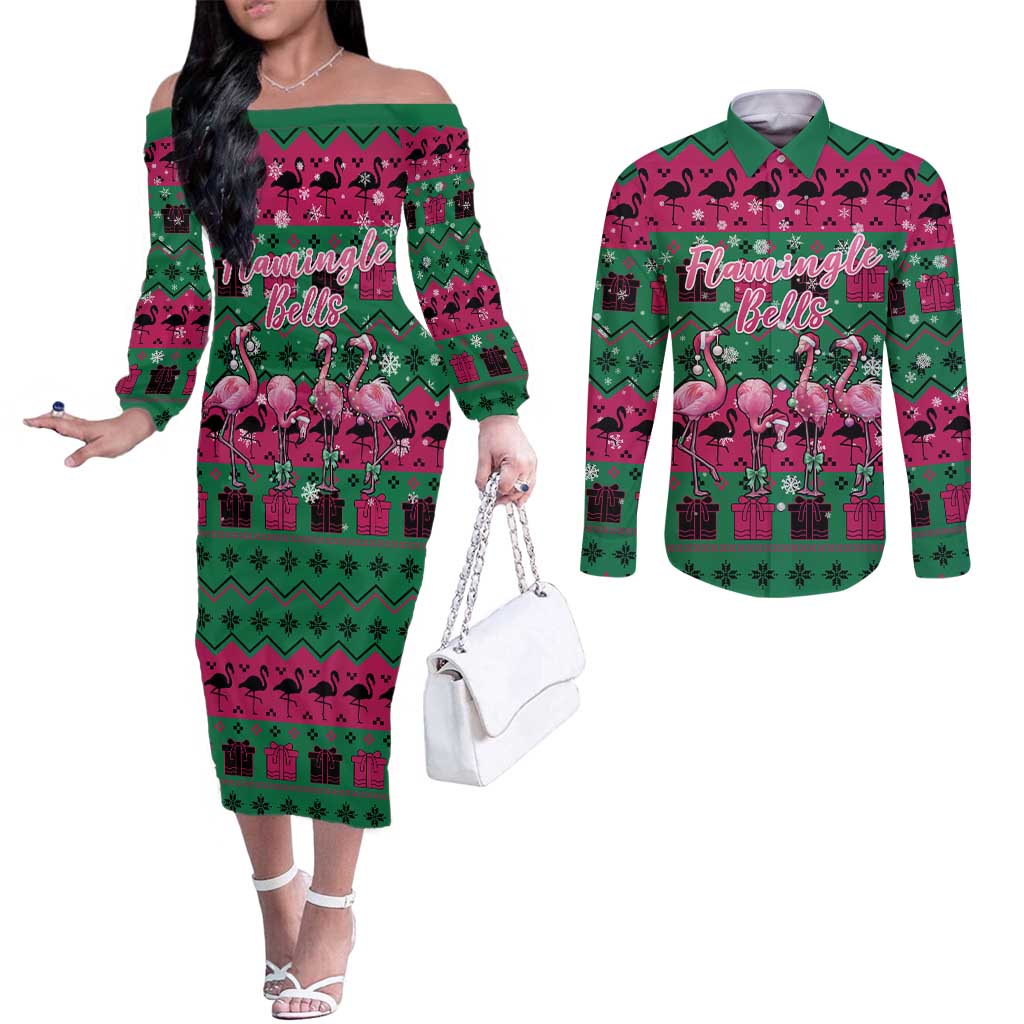 Firefighter Presents Christmas Couples Matching Off The Shoulder Long Sleeve Dress and Long Sleeve Button Shirt Xmas Holiday Patterns - Wonder Print Shop