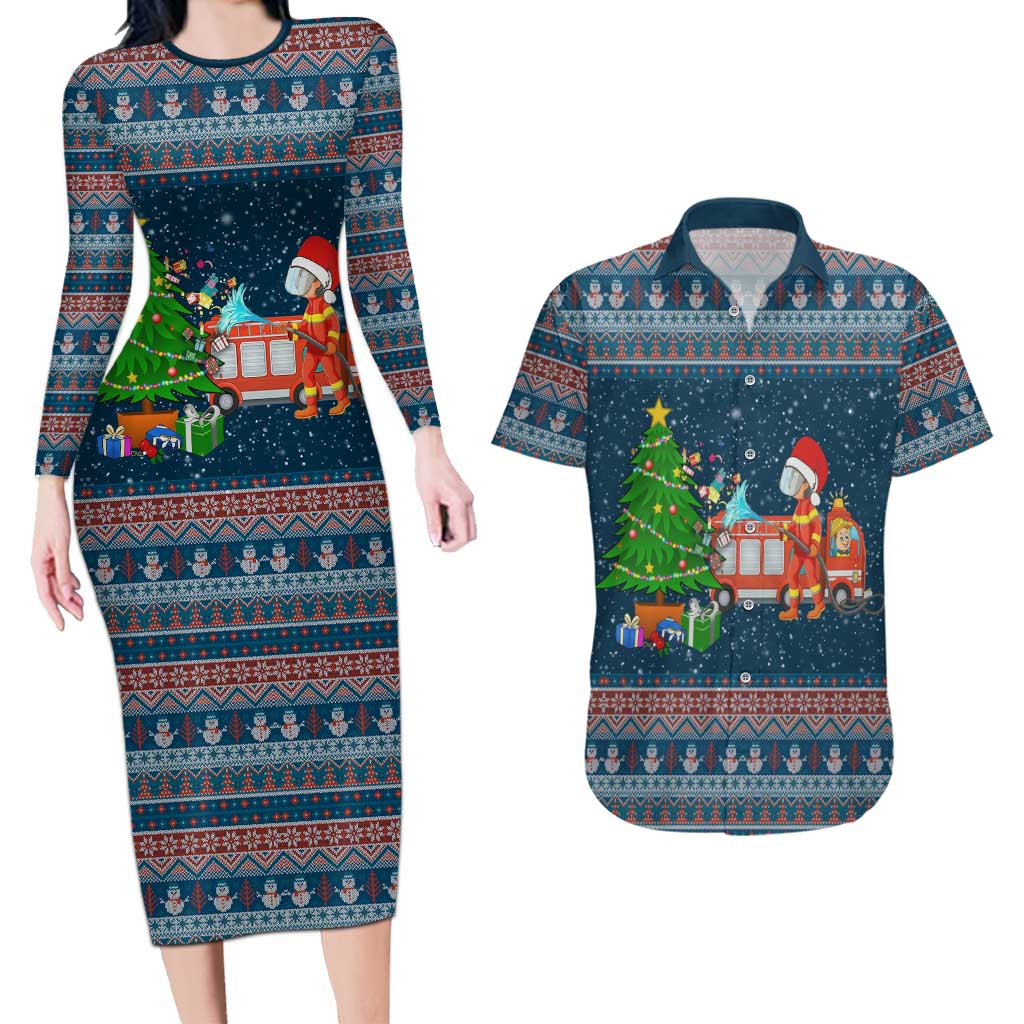 Flamingle Bells Xmas Christmas Couples Matching Long Sleeve Bodycon Dress and Hawaiian Shirt Xmas Holiday Patterns - Wonder Print Shop