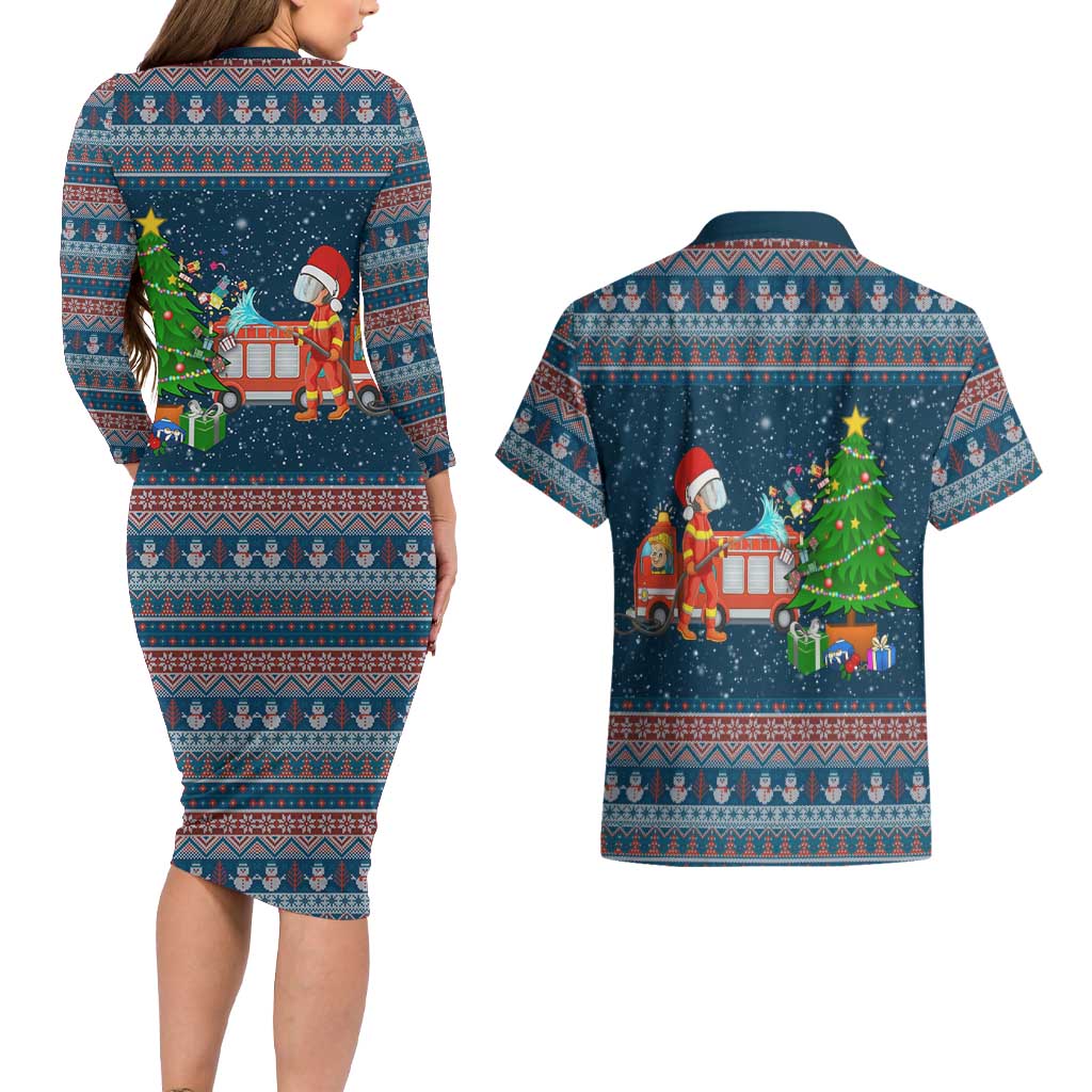 Flamingle Bells Xmas Christmas Couples Matching Long Sleeve Bodycon Dress and Hawaiian Shirt Xmas Holiday Patterns - Wonder Print Shop