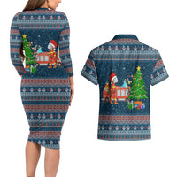 Flamingle Bells Xmas Christmas Couples Matching Long Sleeve Bodycon Dress and Hawaiian Shirt Xmas Holiday Patterns - Wonder Print Shop