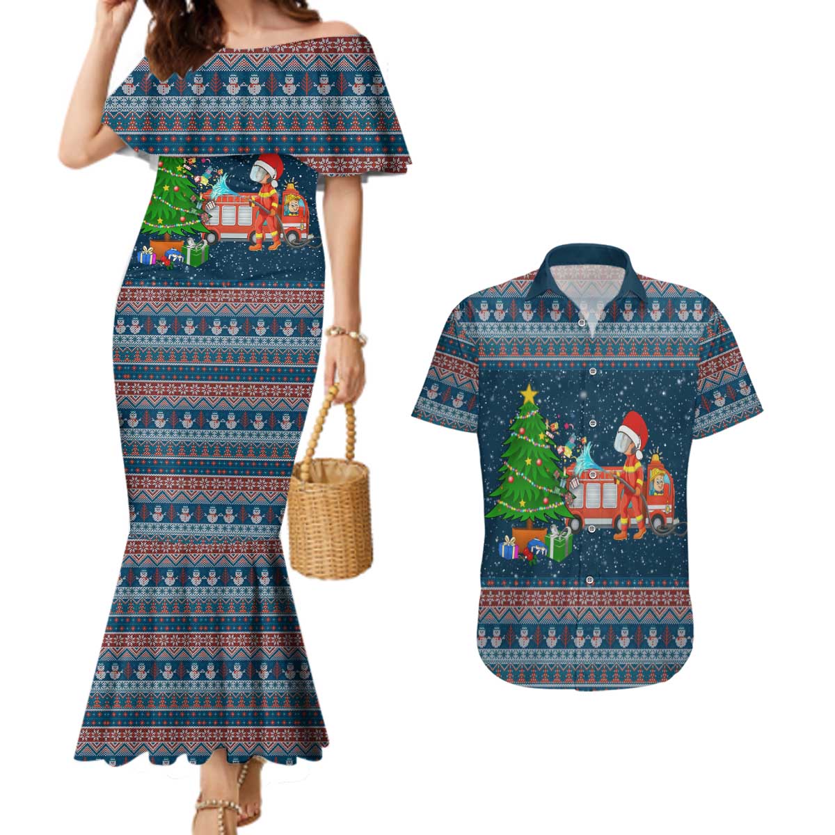 Flamingle Bells Xmas Christmas Couples Matching Mermaid Dress and Hawaiian Shirt Xmas Holiday Patterns - Wonder Print Shop