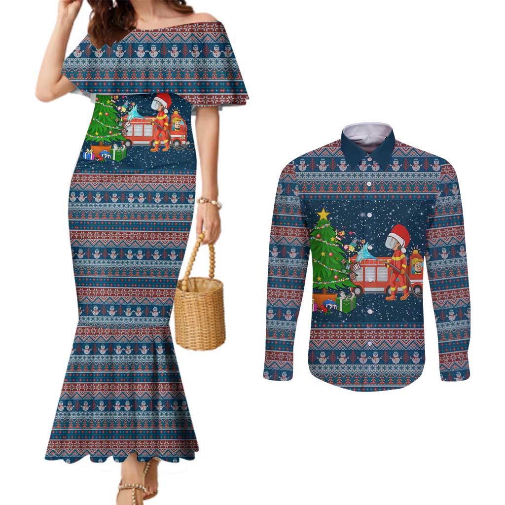 Flamingle Bells Xmas Christmas Couples Matching Mermaid Dress and Long Sleeve Button Shirt Xmas Holiday Patterns - Wonder Print Shop