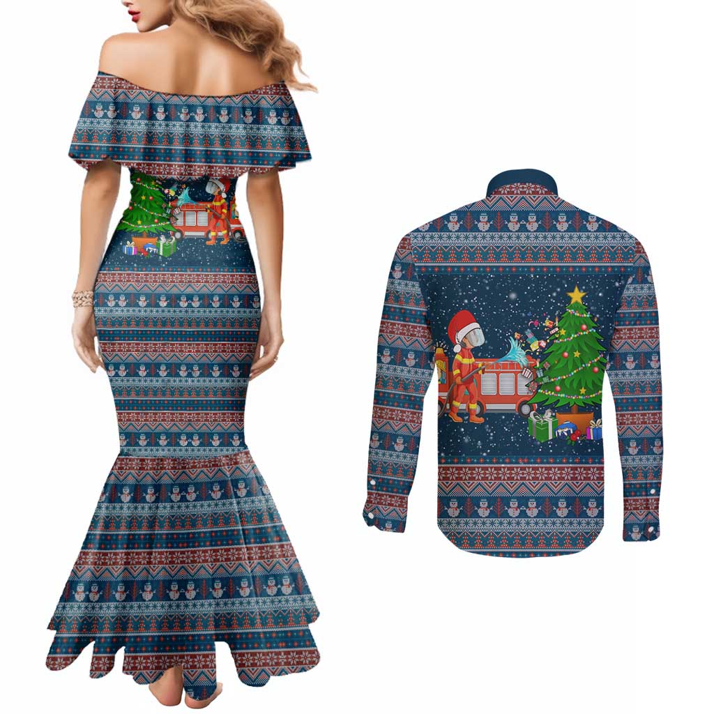 Flamingle Bells Xmas Christmas Couples Matching Mermaid Dress and Long Sleeve Button Shirt Xmas Holiday Patterns - Wonder Print Shop