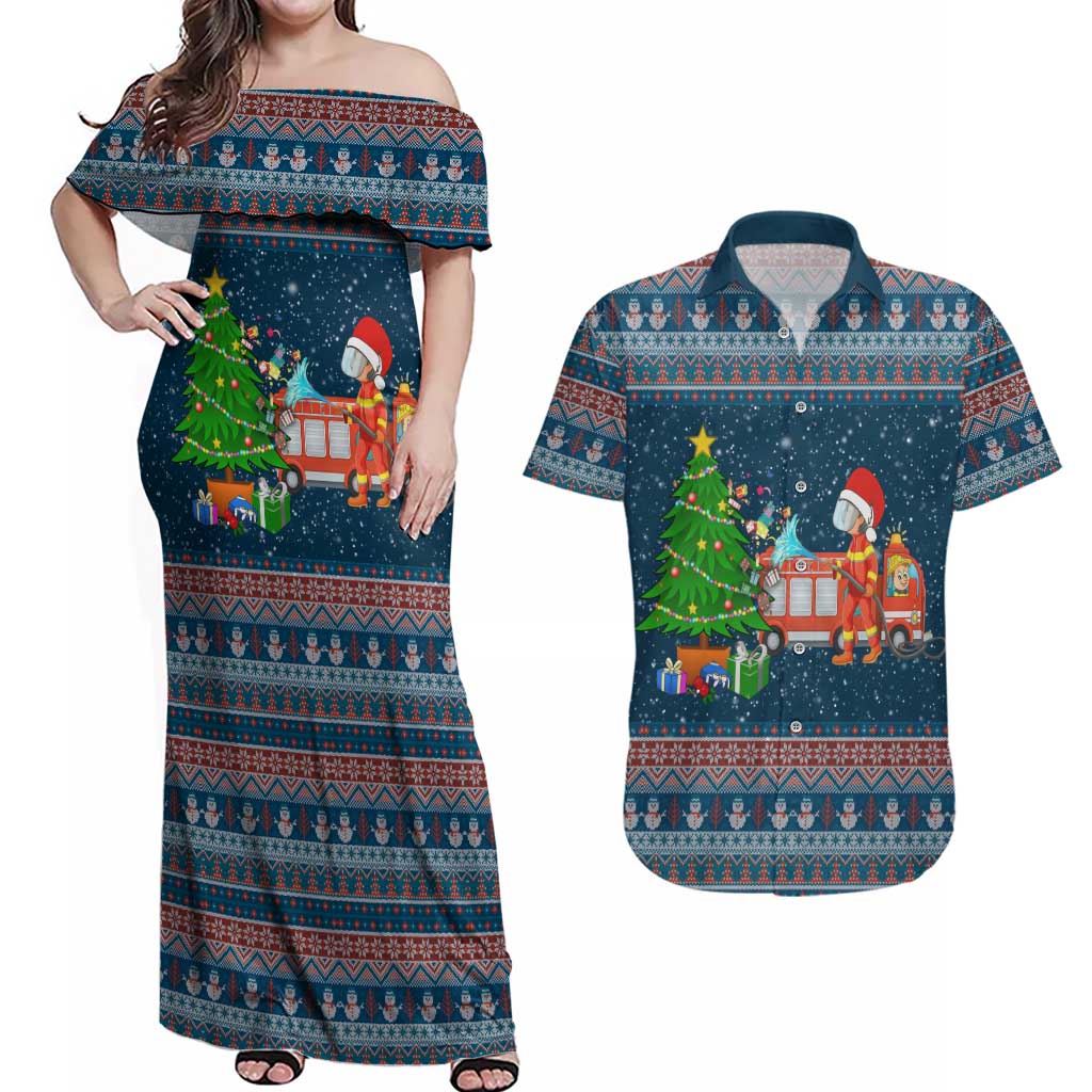 Flamingle Bells Xmas Christmas Couples Matching Off Shoulder Maxi Dress and Hawaiian Shirt Xmas Holiday Patterns - Wonder Print Shop
