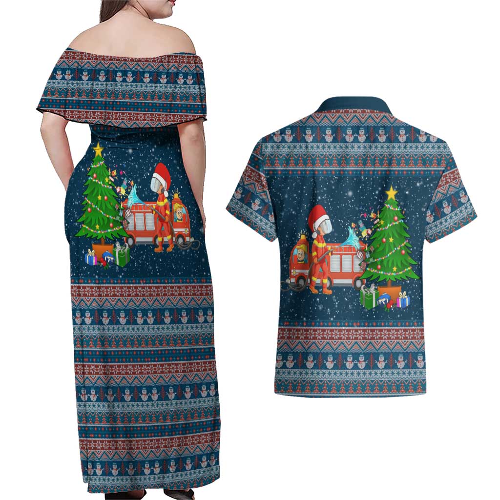 Flamingle Bells Xmas Christmas Couples Matching Off Shoulder Maxi Dress and Hawaiian Shirt Xmas Holiday Patterns - Wonder Print Shop