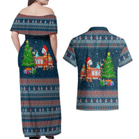Flamingle Bells Xmas Christmas Couples Matching Off Shoulder Maxi Dress and Hawaiian Shirt Xmas Holiday Patterns - Wonder Print Shop
