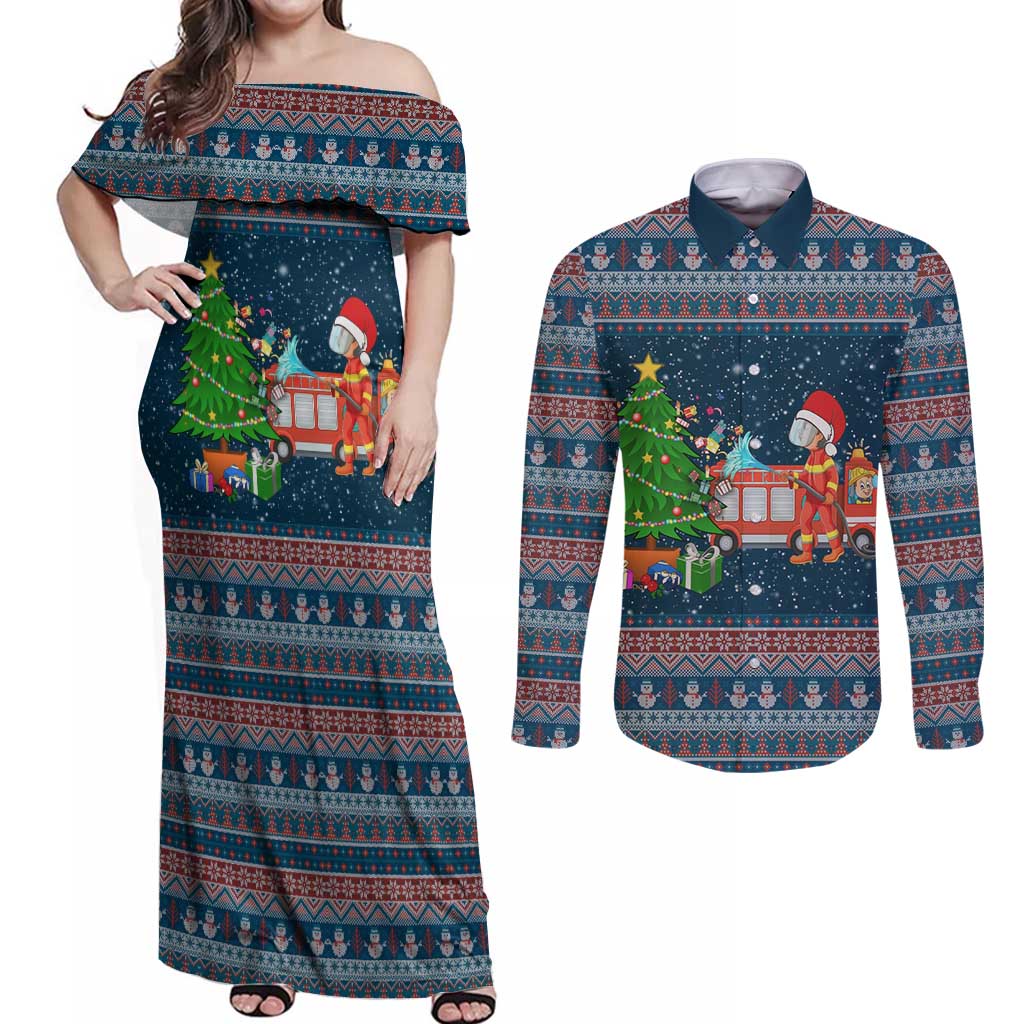 Flamingle Bells Xmas Christmas Couples Matching Off Shoulder Maxi Dress and Long Sleeve Button Shirt Xmas Holiday Patterns - Wonder Print Shop