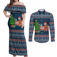 Flamingle Bells Xmas Christmas Couples Matching Off Shoulder Maxi Dress and Long Sleeve Button Shirt Xmas Holiday Patterns - Wonder Print Shop