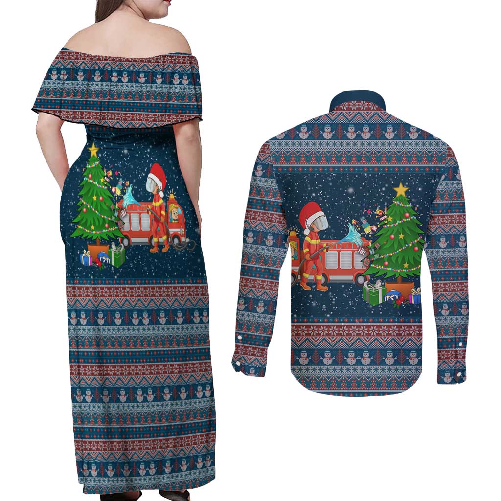 Flamingle Bells Xmas Christmas Couples Matching Off Shoulder Maxi Dress and Long Sleeve Button Shirt Xmas Holiday Patterns - Wonder Print Shop