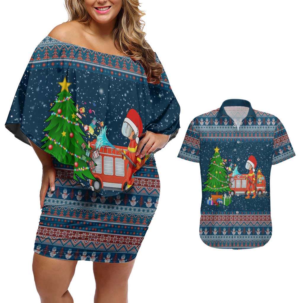 Flamingle Bells Xmas Christmas Couples Matching Off Shoulder Short Dress and Hawaiian Shirt Xmas Holiday Patterns - Wonder Print Shop