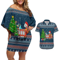 Flamingle Bells Xmas Christmas Couples Matching Off Shoulder Short Dress and Hawaiian Shirt Xmas Holiday Patterns - Wonder Print Shop