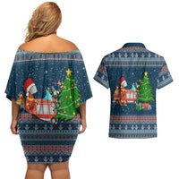 Flamingle Bells Xmas Christmas Couples Matching Off Shoulder Short Dress and Hawaiian Shirt Xmas Holiday Patterns - Wonder Print Shop