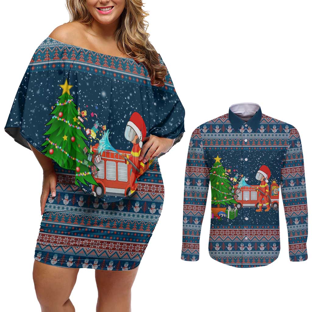 Flamingle Bells Xmas Christmas Couples Matching Off Shoulder Short Dress and Long Sleeve Button Shirt Xmas Holiday Patterns - Wonder Print Shop