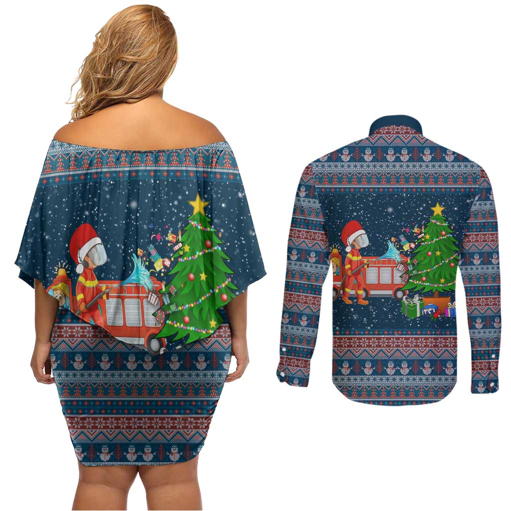 Flamingle Bells Xmas Christmas Couples Matching Off Shoulder Short Dress and Long Sleeve Button Shirt Xmas Holiday Patterns - Wonder Print Shop