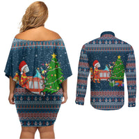 Flamingle Bells Xmas Christmas Couples Matching Off Shoulder Short Dress and Long Sleeve Button Shirt Xmas Holiday Patterns - Wonder Print Shop