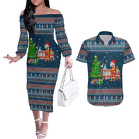 Flamingle Bells Xmas Christmas Couples Matching Off The Shoulder Long Sleeve Dress and Hawaiian Shirt Xmas Holiday Patterns - Wonder Print Shop