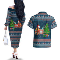 Flamingle Bells Xmas Christmas Couples Matching Off The Shoulder Long Sleeve Dress and Hawaiian Shirt Xmas Holiday Patterns - Wonder Print Shop