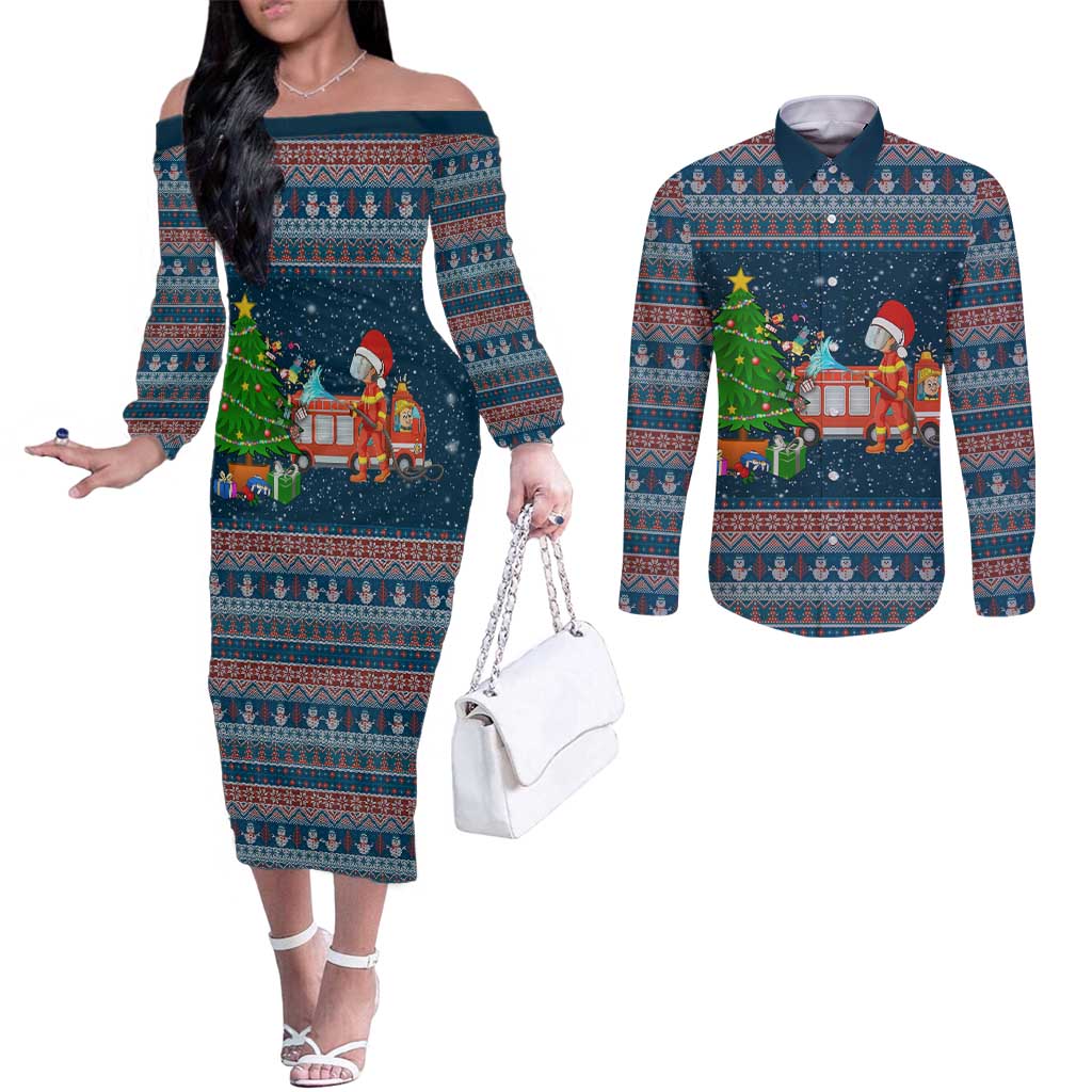 Flamingle Bells Xmas Christmas Couples Matching Off The Shoulder Long Sleeve Dress and Long Sleeve Button Shirt Xmas Holiday Patterns - Wonder Print Shop