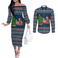 Flamingle Bells Xmas Christmas Couples Matching Off The Shoulder Long Sleeve Dress and Long Sleeve Button Shirt Xmas Holiday Patterns - Wonder Print Shop