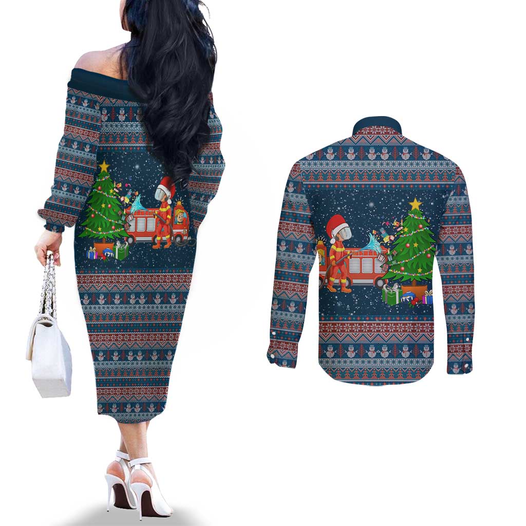 Flamingle Bells Xmas Christmas Couples Matching Off The Shoulder Long Sleeve Dress and Long Sleeve Button Shirt Xmas Holiday Patterns - Wonder Print Shop
