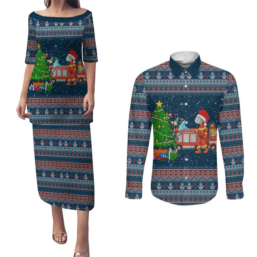 Flamingle Bells Xmas Christmas Couples Matching Puletasi and Long Sleeve Button Shirt Xmas Holiday Patterns - Wonder Print Shop