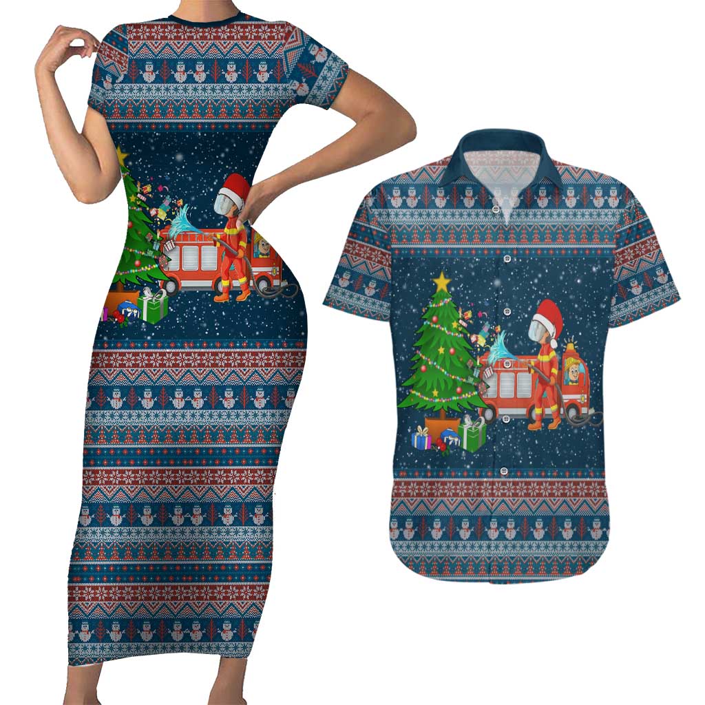 Flamingle Bells Xmas Christmas Couples Matching Short Sleeve Bodycon Dress and Hawaiian Shirt Xmas Holiday Patterns - Wonder Print Shop