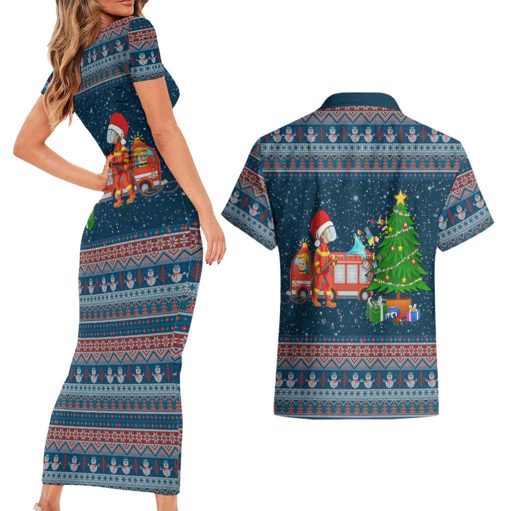 Flamingle Bells Xmas Christmas Couples Matching Short Sleeve Bodycon Dress and Hawaiian Shirt Xmas Holiday Patterns - Wonder Print Shop