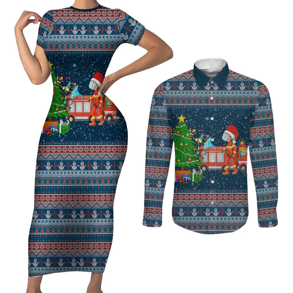 Flamingle Bells Xmas Christmas Couples Matching Short Sleeve Bodycon Dress and Long Sleeve Button Shirt Xmas Holiday Patterns - Wonder Print Shop
