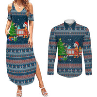 Flamingle Bells Xmas Christmas Couples Matching Summer Maxi Dress and Long Sleeve Button Shirt Xmas Holiday Patterns - Wonder Print Shop