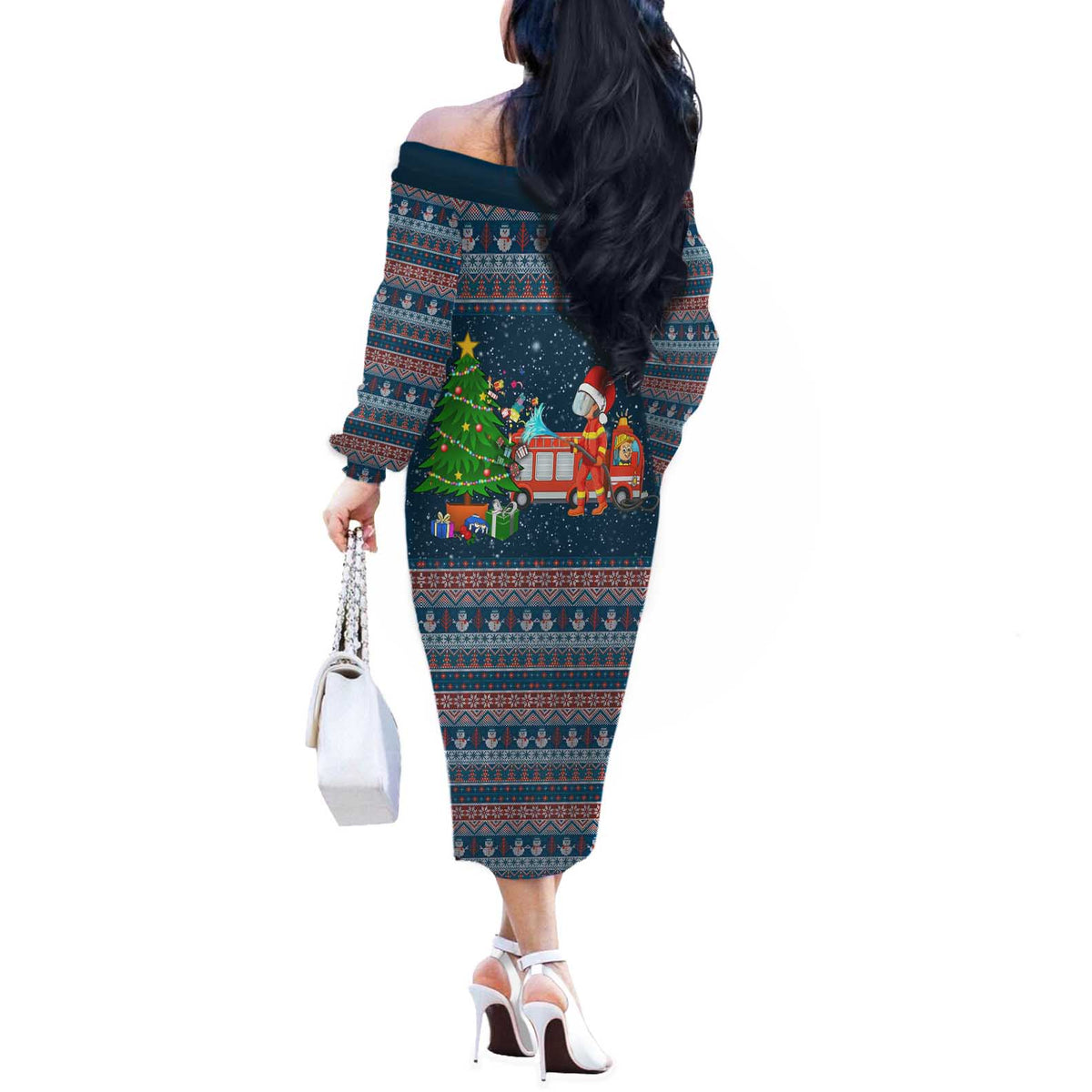 Flamingle Bells Xmas Christmas Off The Shoulder Long Sleeve Dress Xmas Holiday Patterns - Wonder Print Shop